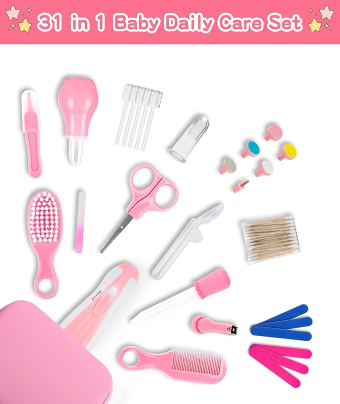 Baby Grooming and Healthcare Kit, Portable Baby Safety Care Set with Hair Brush Comb Nail Clipper Nasal Aspirator for Nursery Newborn Infant Girl Boy (31 in 1, Pink)