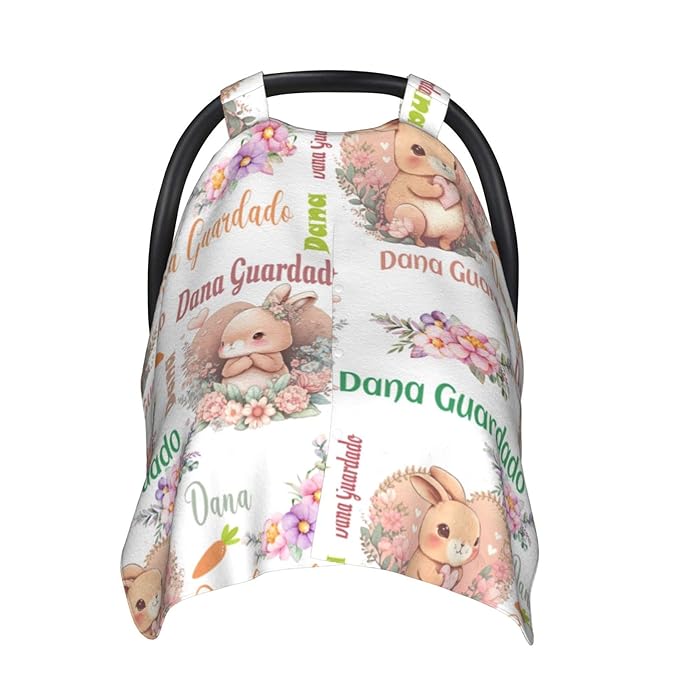 Personalized Cute Rabbit Baby Car Seat Cover for Girl, Customized Name Nursing Covers Breastfeeding Scarf, Multi Use Infant Carseat Canopy for Newborn Carrier/Stroller/Shopping Cart/High Chair