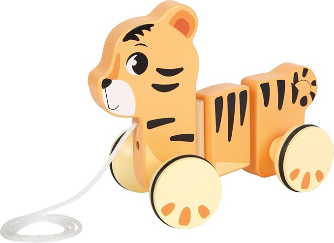 small Foot 12733 Tiger "Safari", Flexible Pull Tiger Made of FSC 100% Certified Wood, Motor Skills Toy for Children from 12 Months, Orange