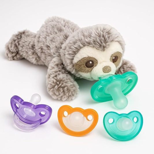 RaZbaby Sloth Pacifier Holder & JollyPop Pacifier Bundle – Orthodontic, BPA-Free, Hospital-Trusted, USA Made, Includes Plush Holder + 4 Pacifiers for Newborns & Babies 0-3M