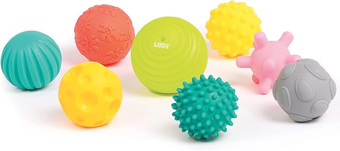 Set of 8 Awakening Balls | Ludi | Assorted Sensory Stimulation Balls | Different Shapes and Colours | Soft Plastic | from 6 Months