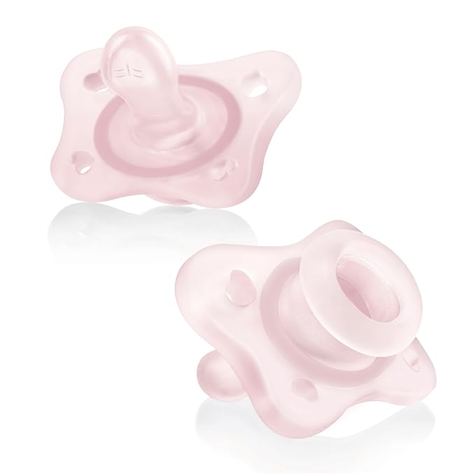 Chicco PhysioForma Mini Orthodontic Pacifier for Babies 0-2 Months, Ultra Light & Small, 100% Soft Silicone, Supports Breathing, One-Piece Design, Included Sterilizing Case, BPA Free, 2-Pack, Pink