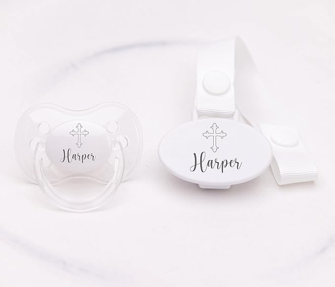Personalized Pacifier and Pacifier Clip (0-6 or 6-18 Months) BPA-Free CAN BE STERILIZED - Christening Gift/Baptism Gift. Round, Flat and Orthodontic Nipple Available