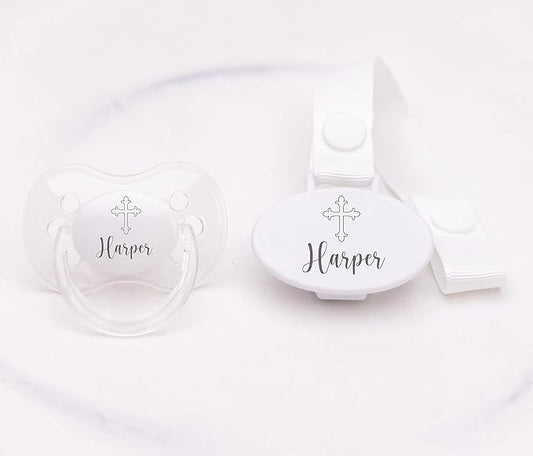 Personalized Pacifier and Pacifier Clip (0-6 or 6-18 Months) BPA-Free CAN BE STERILIZED - Christening Gift/Baptism Gift. Round, Flat and Orthodontic Nipple Available