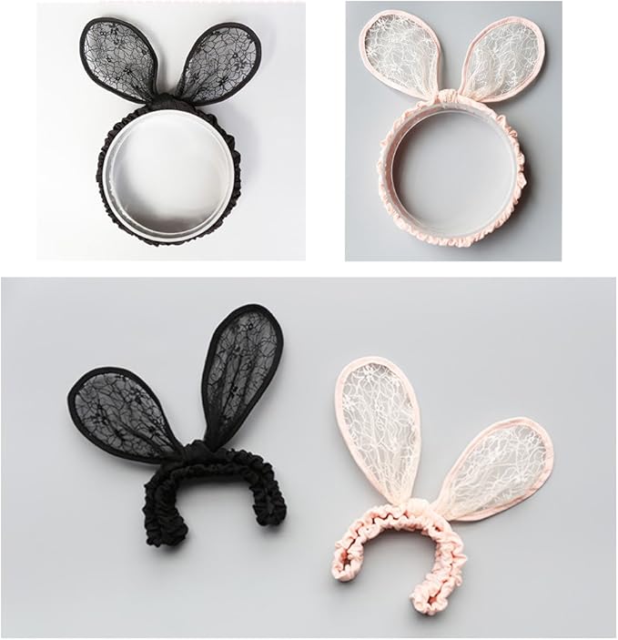 2-Pack Easter Bunny Headbands Rabbit Ears Lace Elastic Bow - Cute Stretch Hairbands for Baby Girls , Newborn,Toddler and Children (2 Colors)