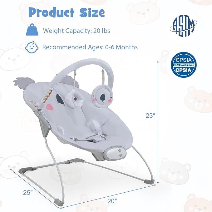 BABY JOY Baby Bouncer, Portable Baby Bouncer Seat with Vibration & Music, Removable Bar & Fabric Cover, 3-Point Safety Harness, Infant Bouncer for Babies 0-6 Months Up to 20 lbs