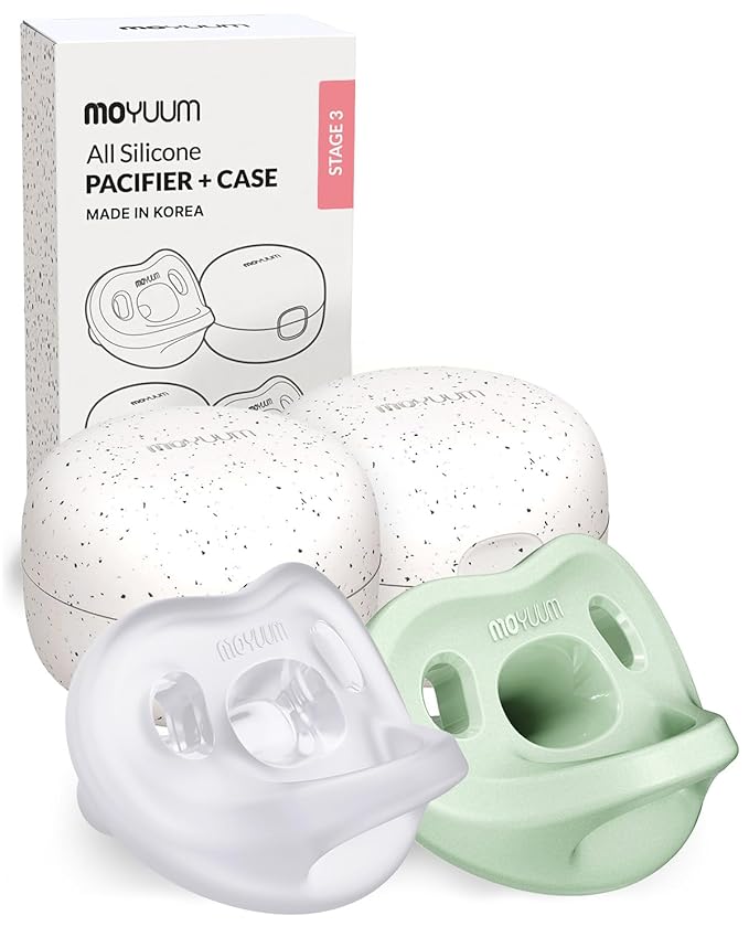 Moyuum Silicone Macaron Pacifier | Made in Korea, BPA Free One-Piece Design Baby Soother, Soft Orthodontic Shape with Air Holes, 2 Pack with Travel Case, Babies 6+ Months (Sage + Natural, Stage 3)