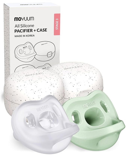 Moyuum Silicone Macaron Pacifier | Made in Korea, BPA Free One-Piece Design Baby Soother, Soft Orthodontic Shape with Air Holes, 2 Pack with Travel Case, Babies 6+ Months (Sage + Natural, Stage 3)