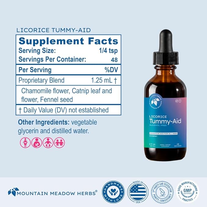 Mountain Meadow Herbs Licorice Tummy-Aid for Babies & Kids – Gas Relief Drops for Colic, Upset Stomach, Reflux & Bloating – Natural, Alcohol-Free Liquid Formula – 2 oz