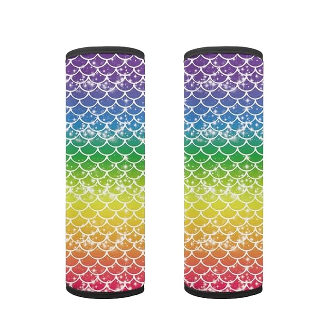 ENLACHIC Baby Car Seat Belt Cover, Cute Dinosaur Print Car Seat Shoulder Strap Pads, Infant Car Seat Cushion Safety Seatbelt Protector for Kids Boys Girls,Rainbow Fish Scale
