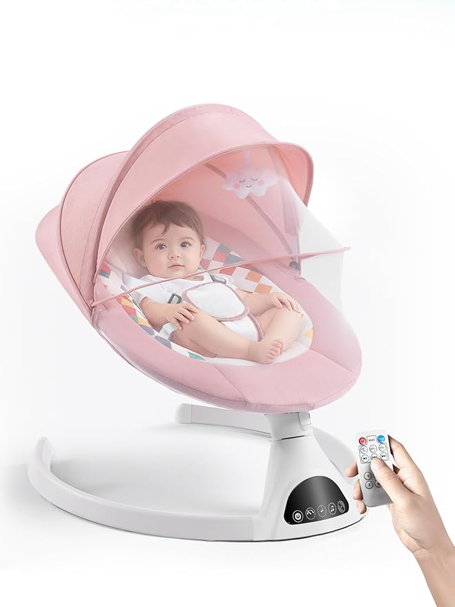 Baby Swing for Infants - Electric Portable Bluetooth Baby Rocker with 5 Speeds, 5-Point Harness, Remote Control, Timing & Music Speaker Max 20 Lbs (Pink)