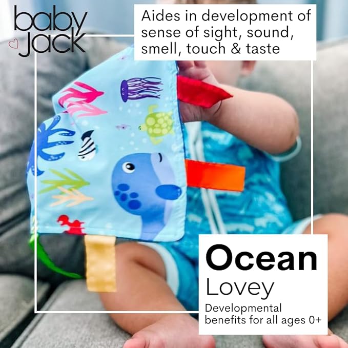 Baby Jack & Co 8x8” Ocean Lovey Tag Toys for Babies - Crinkle Toys for Developmental Play - Soft & Safe - Learn Shapes & Colors - Ideal Toy for Tummy Time - BPA Free w/Stroller Clip