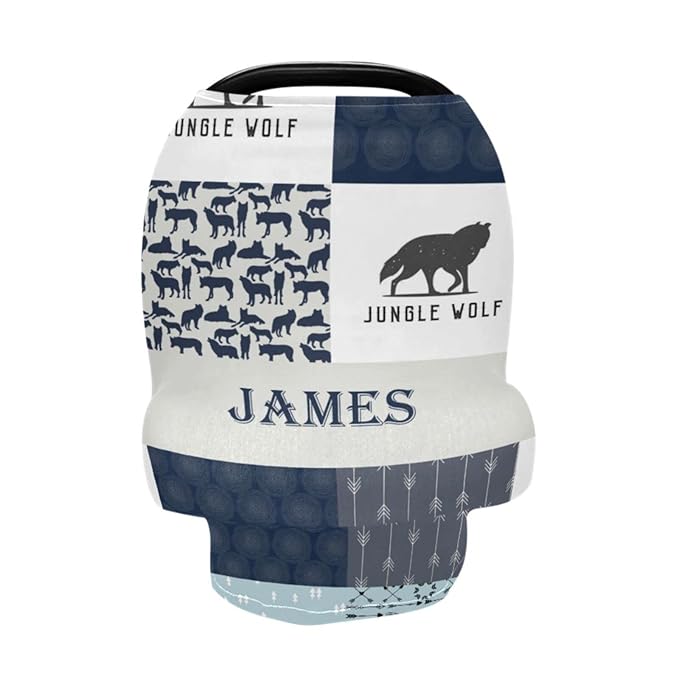 Personalized Woodland Wolf Baby Car Seat Covers for Boys, Custom Name Nursing Cover Breastfeeding Scarf, Multi-Use Carseat Canopy, Infant Stroller Cover, Breathable Carseats Cover