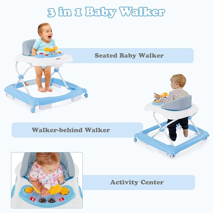 INFANS Foldable Baby Walker, 3 in 1 Toddler Walker Leaning-Seated Walk-Behind with Removable Music Tray, Adjustable Height, Washable Seat Cushion for Boys and Girls (Wave Point)