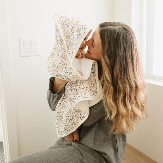 Little Unicorn Premium Infant Hooded Bath Towel| Soft & Absorbent Cotton & Terry Fabric for Newborns (Pressed Petals)