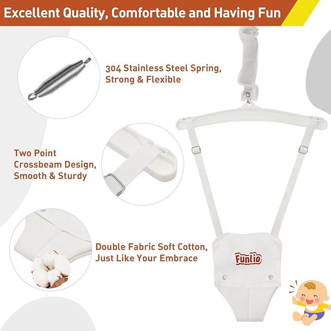 FUNLIO Baby Jumper with Stand for 6-24 Months, Toddler Jumper for Baby Girl/Boy, Infant Jumper for Indoor/Outdoor Play, with Adjustable Chain, Easy to Assemble & Store (with Stand) - White