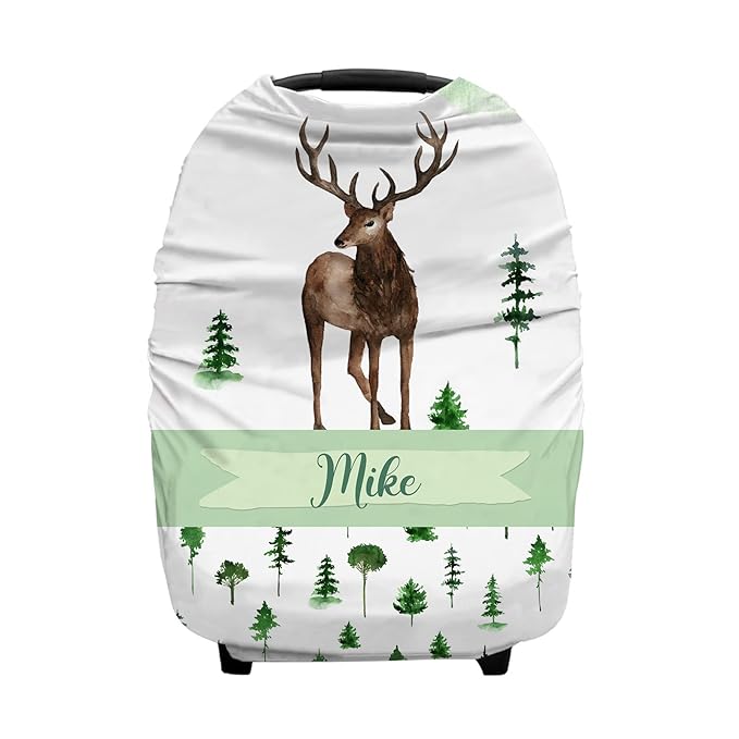 Personalized Baby Car Seat Cover for Boys Girls, Custom Nursing Covers for Breastfeeding with Name, Infant Stroller Cover, Baby Carseat Canopy for Newborn, Multiuse Car Seat Canopies, Woodland Deer