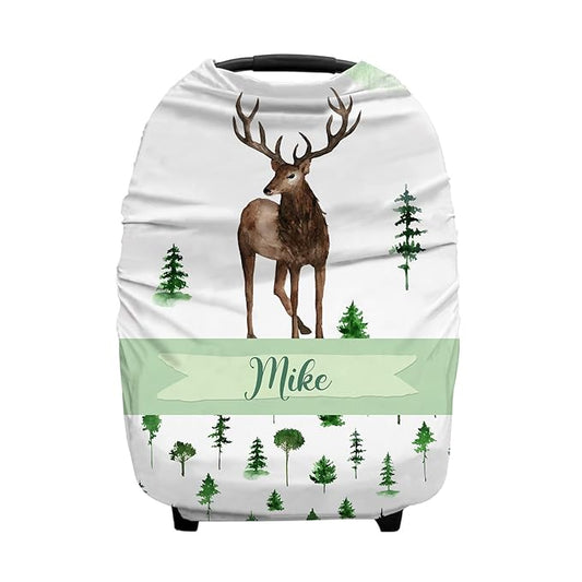Personalized Baby Car Seat Cover for Boys Girls, Custom Nursing Covers for Breastfeeding with Name, Infant Stroller Cover, Baby Carseat Canopy for Newborn, Multiuse Car Seat Canopies, Woodland Deer