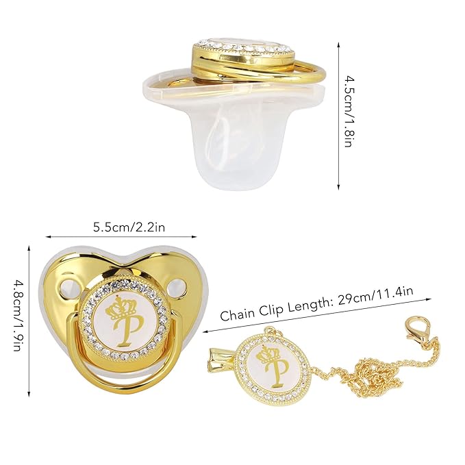 Personalized Golden Letter Baby Pacifier with Clips, Anti-Dust Cover for Newborn Photography, Letter