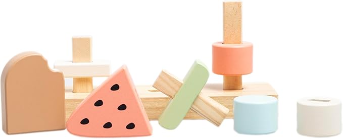 Pearhead Wooden Stacking Toy – Ice Cream Mix & Match Pretend Play Food, FSC-Certified, Montessori Toy Develops Fine Motor Skills & Hand-Eye Coordination, Boys and Girls, 1 Year Old+