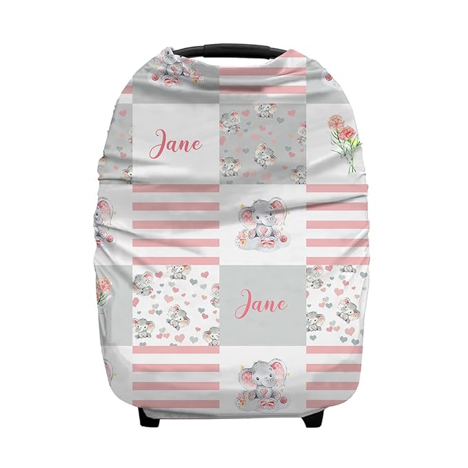 Personalized Floral Elephant Baby Car Seat Covers with Name, Custom Nursing Cover Breastfeeding for Babies, Carseat Canopy for Girls, Infant Stroller Cover, Breathable Carseat Cover