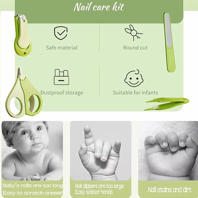 Baby Nail Trimmer, 4-in-1 Baby Nail Clippers Kit,Nail File & Tweezers, Baby Manicure Kit for Newborn, Infant & Toddler, Mothers Day Gifts (Green)