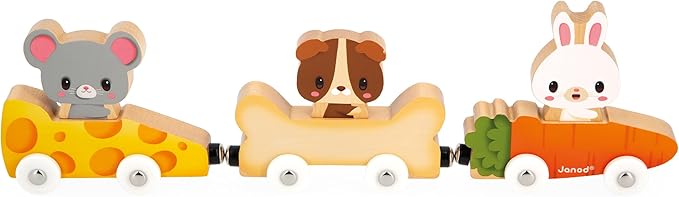 Janod - Pets Wooden Animal Car Train Push and Go Playset - Toddler Playtime - Magnetic Interchangeable Cars - Encourages Imaginative Play - Adorable Animal Characters, Safe Quality Materials