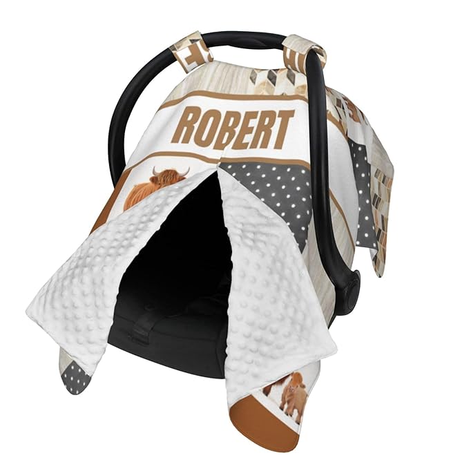 Personalized Baby Car Seat Canopy for Babies, Custom Name Car Seat Covers for Boys and Girls, Opening Minky Nursing Breastfeeding Cover for Infant, Carseat Canopies for Newborn (High Land Cow)