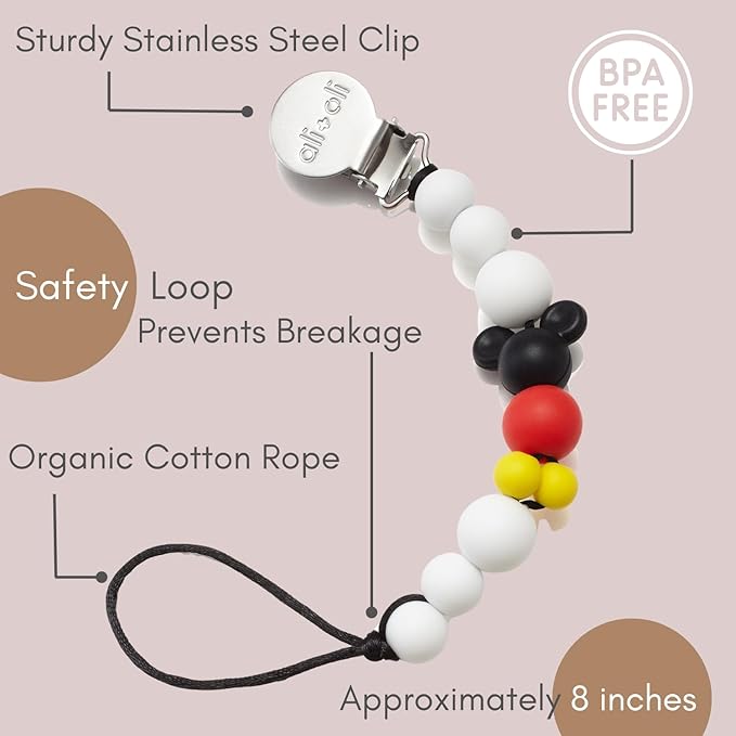 Ali+Oli Silicone Pacifier Clip for Baby (Mouse) 100% Food-Grade BPA Free Newborn Pacifier Holder Infant Binky Clip for Baby Boy or Girl