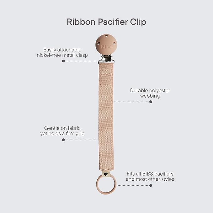BIBS Pacifier Clip Ribbon - Secure Your Baby's Pacifier with Durable Polyester Webbing and Nickel-Free Metal Clip - Compatible with All BIBS Pacifiers - Sand