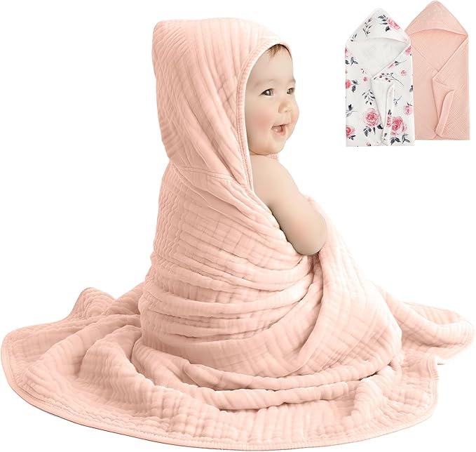 david's kids 2 Pack Baby Hooded Towels, Large 32"x32", 6 Layer 100% Muslin Cotton Absorbent Girl Bath Towel for Newborn, Infant and Toddler. Soft and Breathable Baby Essentials, Pink Floral&Rose