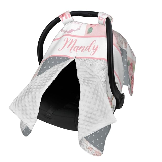 Personalized Baby Car Seat Canopy for Babies with Name, Custom Car Seat Covers for Girls, Floral Anchor Nursing Breastfeeding Stroller Cover Infant Carseat Canopies for Newborn