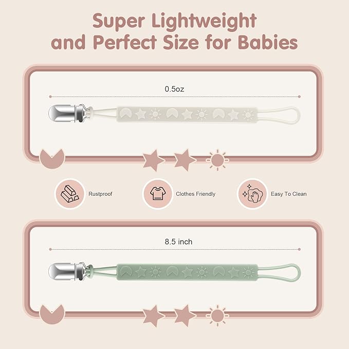 Silicone Pacifier Clip Holder for Baby Girls and Boys, Pack of 6 Soft Flexible Paci Binky Clips with One Piece Design