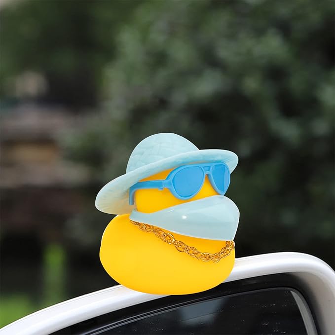 wonuu Car Duck Rubber Duck Car Ornaments Duck Car Dashboard Decorations with Cute Headband Swim Ring Necklace Sunglasses, A-Blue Hat-Blue Glasses