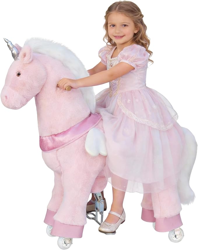 Ride on Unicorn Toys for Kids, Ride on Toy for Girls 4 to 9 Years Old, 36.6'' Height Riding Horse Rider Mechanical Walking Action Plush Animal, No Battery or Electricity, Max Load 165LBS - Pink