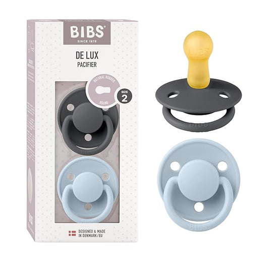 BIBS Pacifiers - De Lux Collection | BPA-Free Baby Pacifier | Made in Denmark | Set of 2 Iron/Baby Blue Color Premium Soothers | Size 6-18 Months