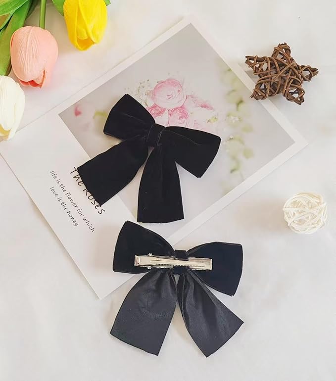 Hjiaruiky Hair Bows, 2pcs Handmade Velvet Bows for Girls Toddlers, Light Weight Hair Clips, Sturdy Alligator Clips, Black