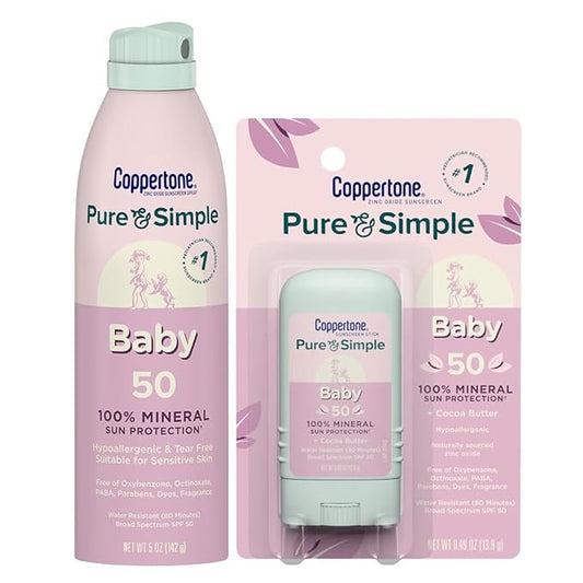 Coppertone Pure and Simple Baby Mineral Sunscreen Spray SPF 50 (5 Oz), Tear Free + Baby Sunscreen Stick SPF 50 (0.49 Oz), Hypoallergenic and Fragrance Free