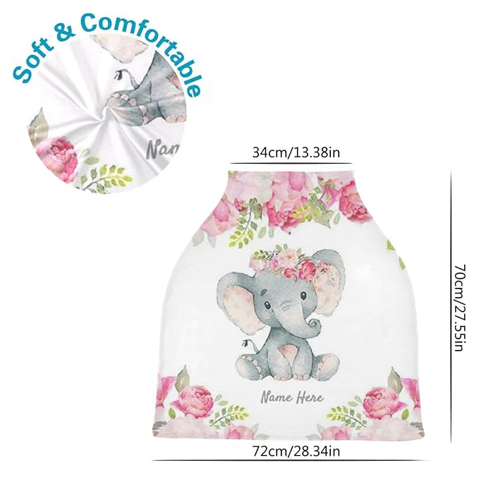 Personalized Baby Name Car Seat Covers for Babies, Custom Elephant Floral Carrier Cover for Newborn Boys Girls, Infant Carseat Canopy Nursing Breastfeeding Cover