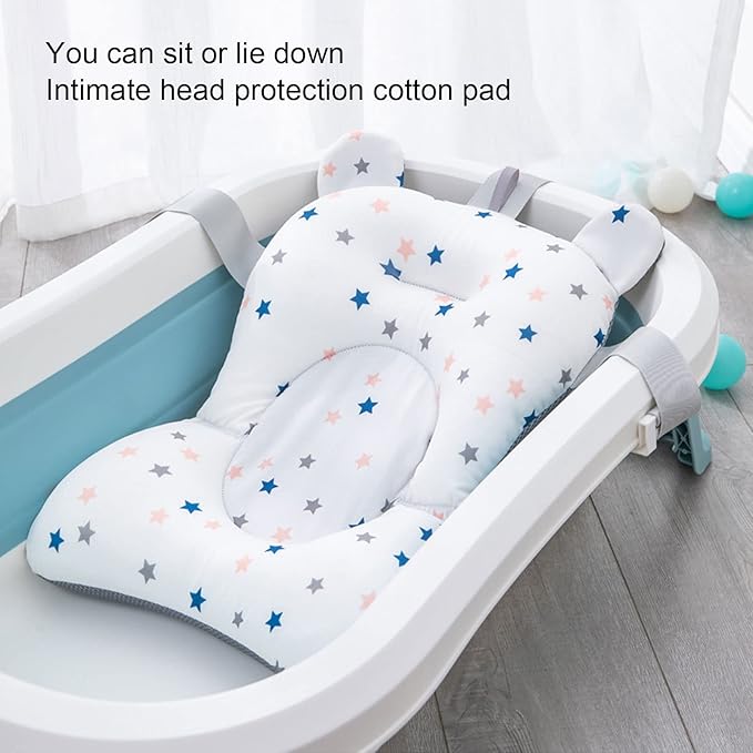 Baby Bath Cushion Pad Newborn Bathtub Mat, Nonslip Floating Seat with Support for Head, Neck, and Back,Sling, 0-12 Months (White Stars)