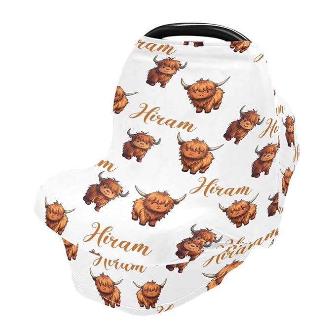 Personalized Multi Use Baby Car Seat Cover with Name, Customized Cute Highland Cow Baby Carseat Cover for Boys Girls, Nursing Cover Breastfeeding Scarf Stroller Canopy for Newborn Infant