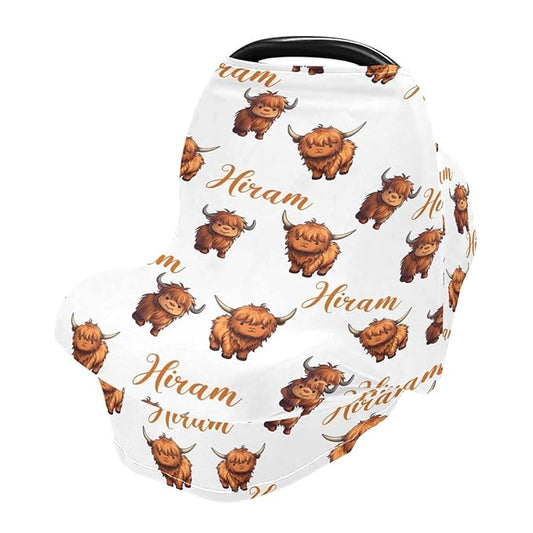 Personalized Multi Use Baby Car Seat Cover with Name, Customized Cute Highland Cow Baby Carseat Cover for Boys Girls, Nursing Cover Breastfeeding Scarf Stroller Canopy for Newborn Infant