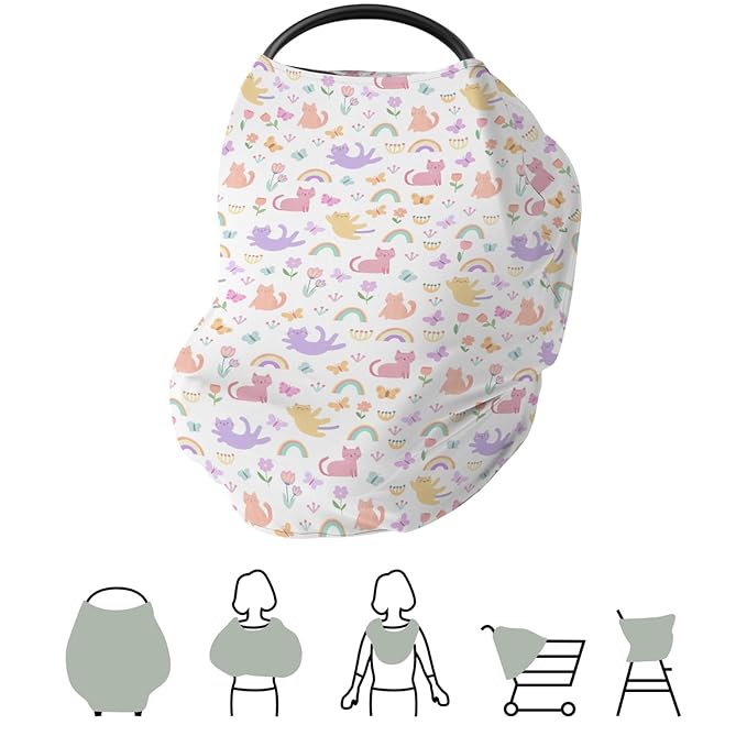 Colorful Cats Rainbow Flowers Baby Car Seat Covers Rainbow Cats Butterflies Stretchy 5-in-1 Cover Adjustable Infant Carseat Canopy Cover Cats Lover Gift Breathable Nursing Cover-Up