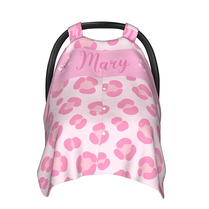 Custom Baby Car Seat Cover with Name – Personalized Leopard Print Nursing Cover, Infant Carseat Canopy, Shopping Cart Cover – Soft, Breathable & Warm – Ideal Shower Gift for Baby Girls