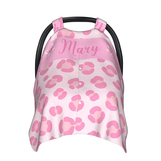 Custom Baby Car Seat Cover with Name – Personalized Leopard Print Nursing Cover, Infant Carseat Canopy, Shopping Cart Cover – Soft, Breathable & Warm – Ideal Shower Gift for Baby Girls