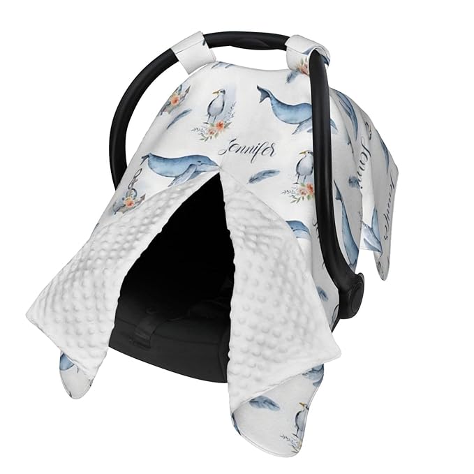 Personalized Baby Car Seat Canopy for Baby Girls, Custom Name Ocean Baby Car Seat Covers for Babies, Opening Minky Nursing Breastfeeding Cover for Infant, Carseat Canopies for Newborn