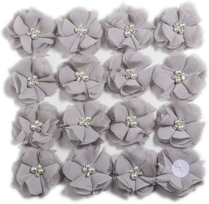 50 Pcs 2" Mini Chiffon Flowers with Rhinestones for Baby Girls Hair Accessories Artificial Fabric Flowers for Headbands Craft Projects (Grey)
