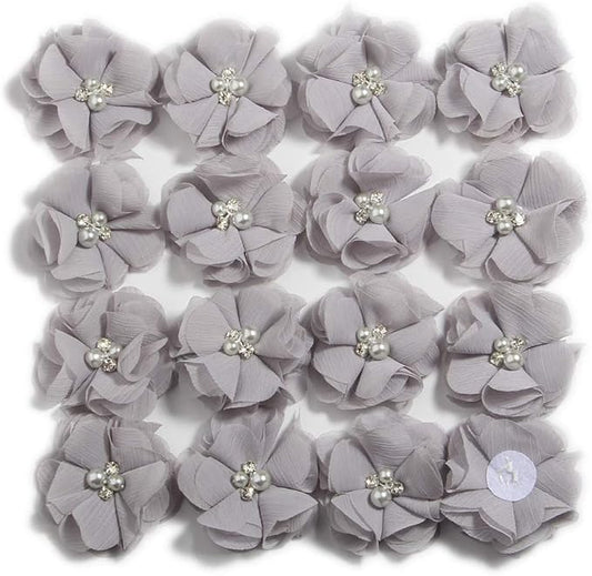 50 Pcs 2" Mini Chiffon Flowers with Rhinestones for Baby Girls Hair Accessories Artificial Fabric Flowers for Headbands Craft Projects (Grey)