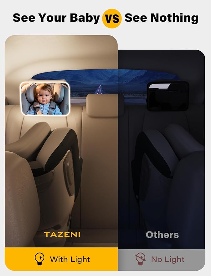 TAZENI Baby Car Mirror - LED Light Baby Car Seat Mirror for Rear Facing with 175° Wide Clear View Anti-Glare, 360° Rotation, Shatterproof, Crash Tested, Safety & Easy Install, espejo para carro bebe