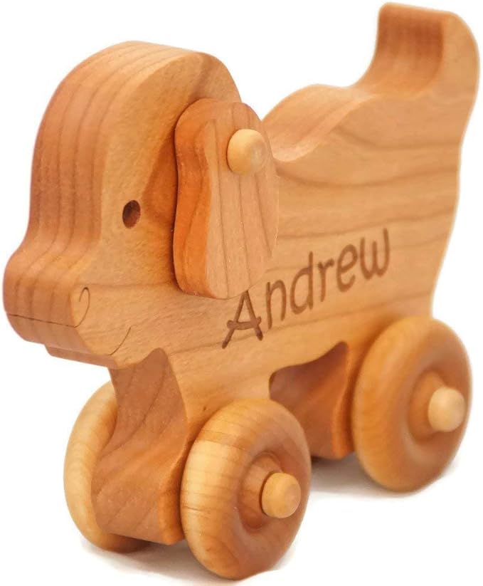 Wooden Puppy Toy Car – Easter Basket Gift for Toddlers & Kids, Handmade Wooden Puppy Push Toy, Natural Wood Animal Toy